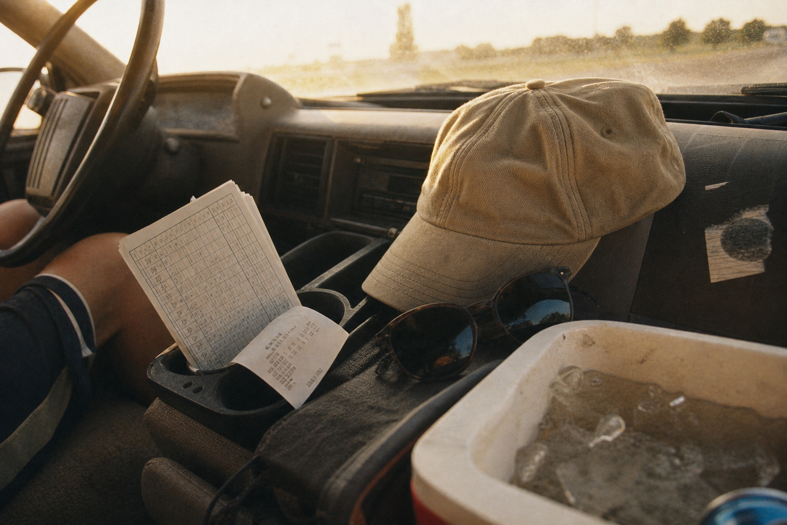 Dashboard with scorecard, cap, and cooler at sunset