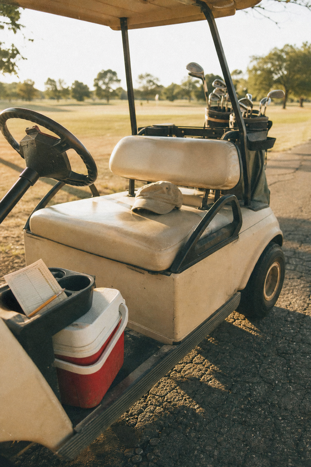 Weathered golf cart with cooler, scorecard and dusty cap on the seat