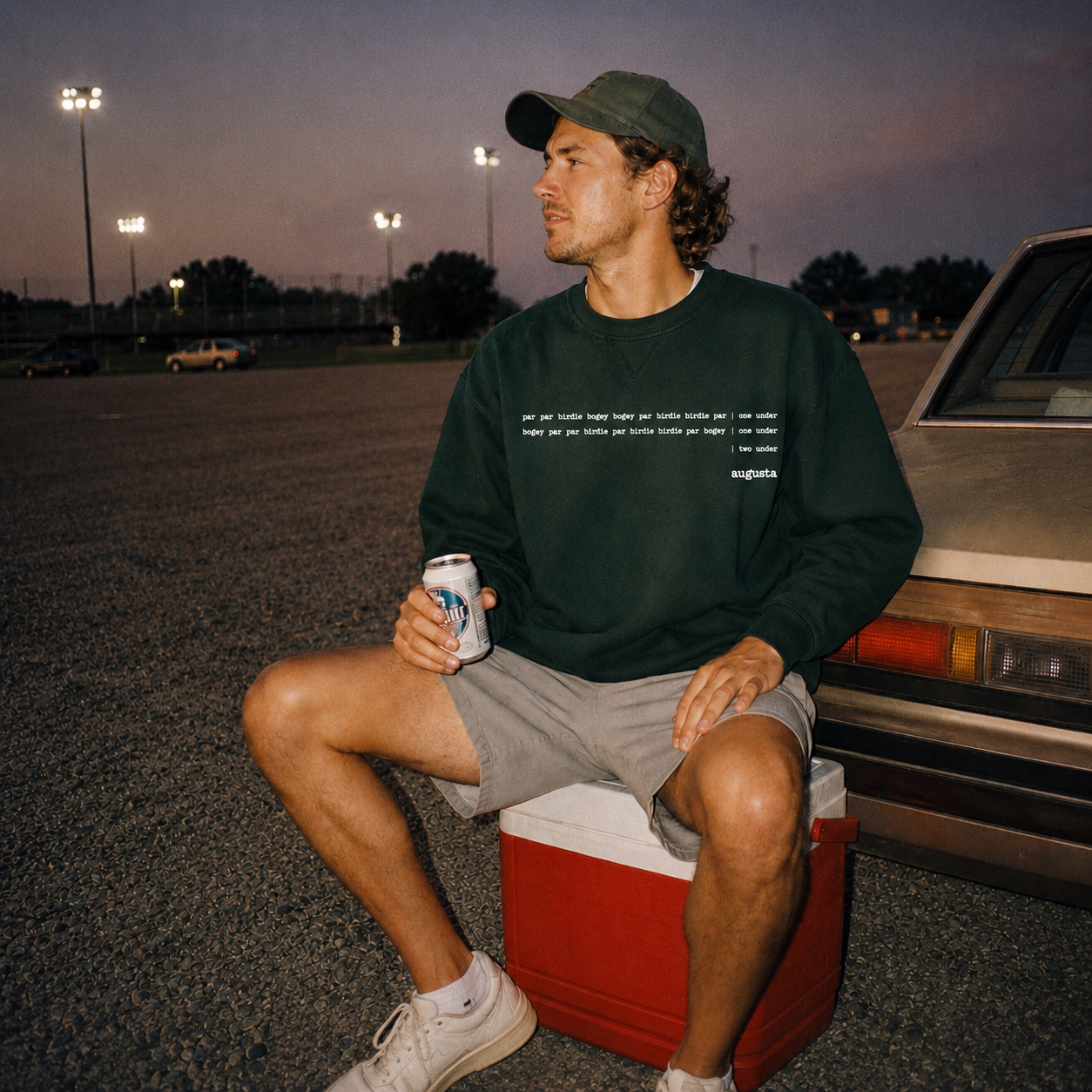 Two friends in the green crewneck walking up to a small-town clubhouse at golden hour, clubs and cooler in hand