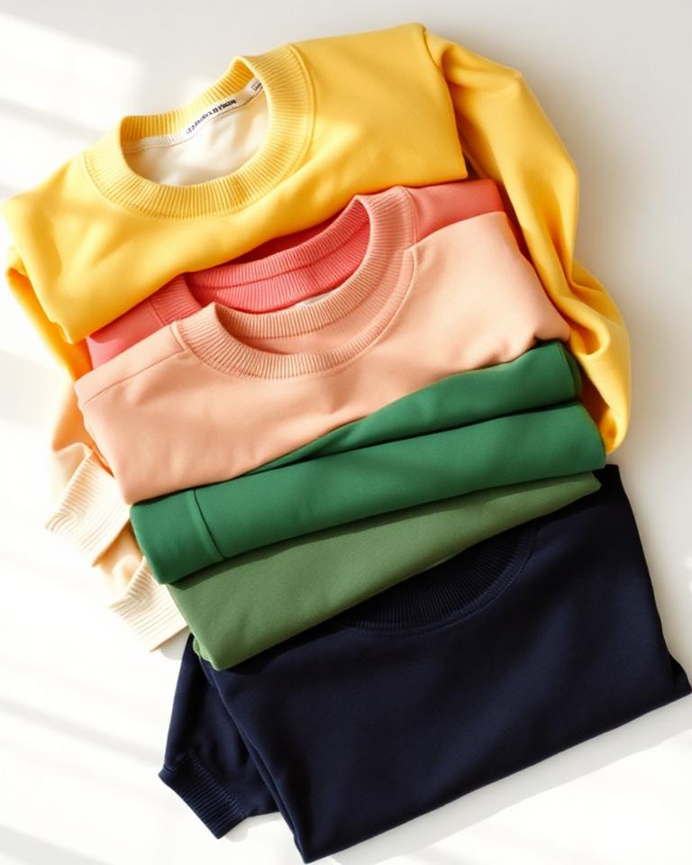 Stack of folded crewneck sweatshirts