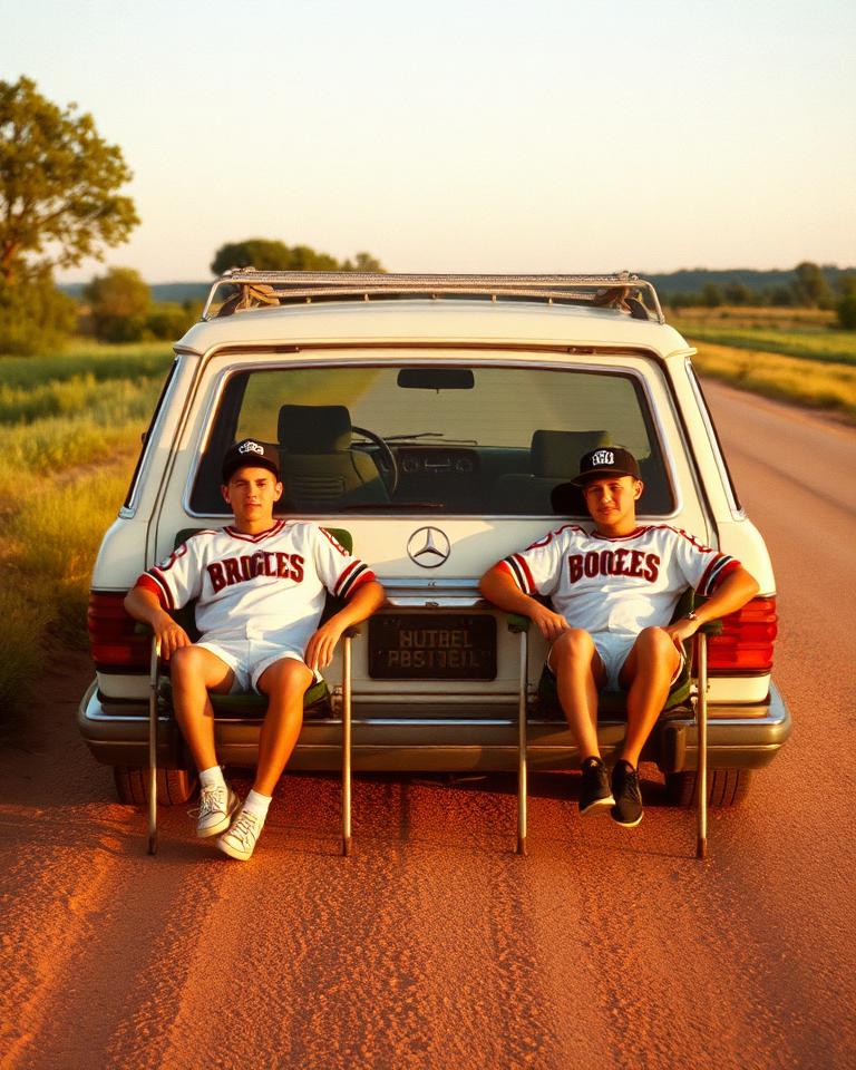 Two friends in vintage sportswear behind a Mercedes wagon